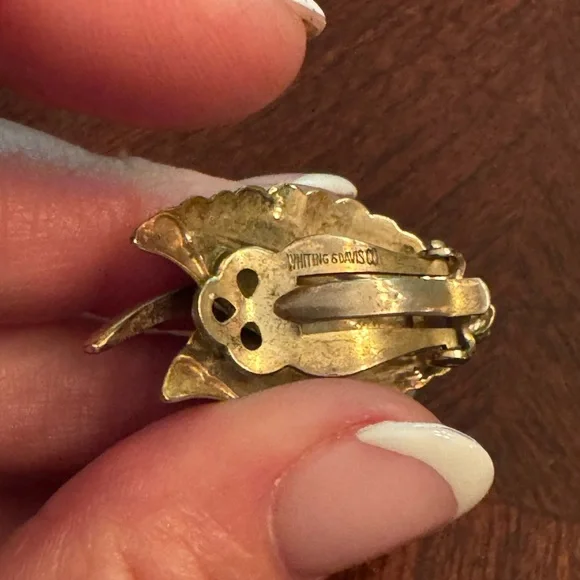 Whiting & Davis Vintage Leaf Design Earrings with Turquoise Accents - Picture 7 of 7